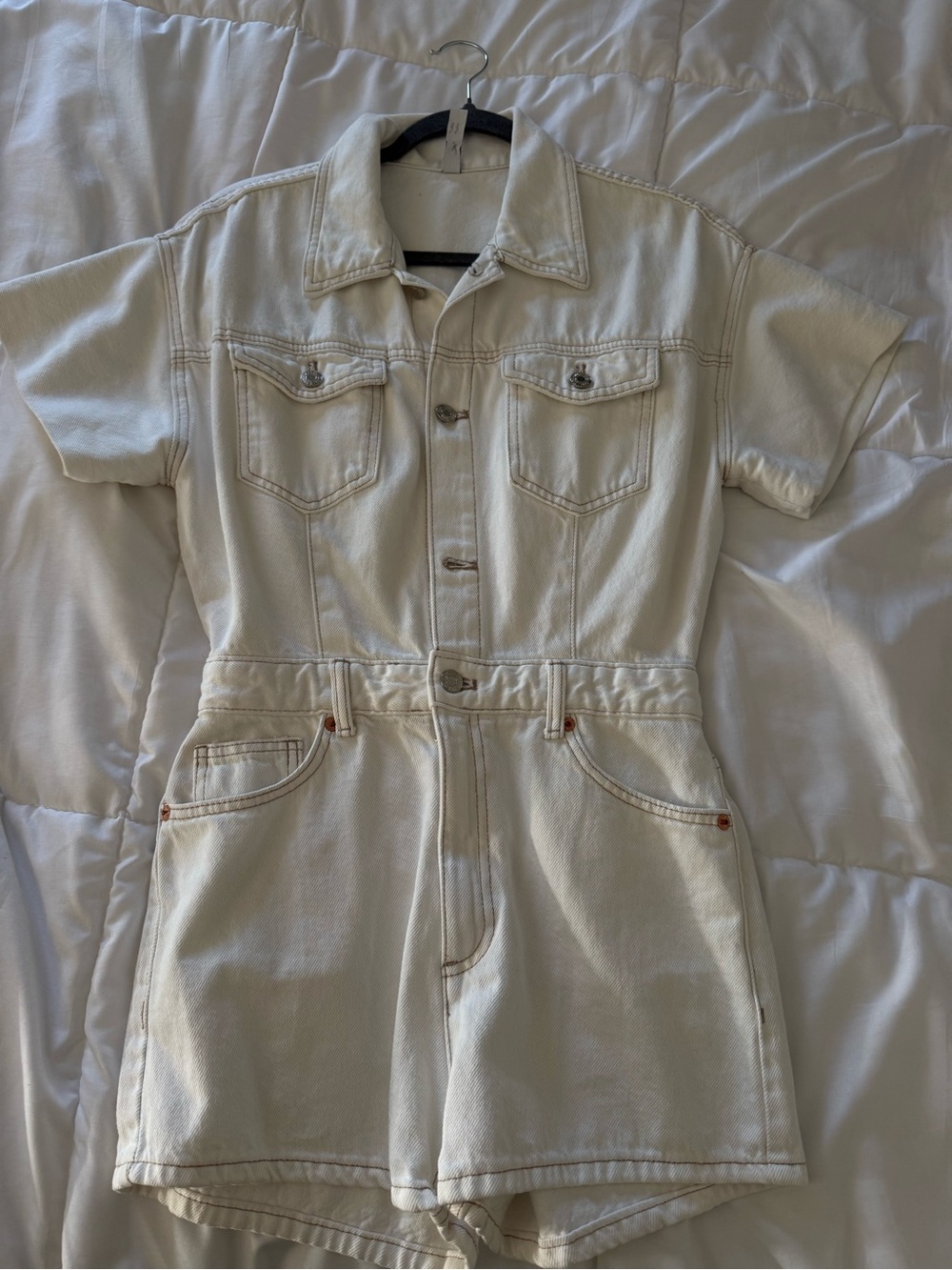 Zara Cream Short Sleeve Denim Romper